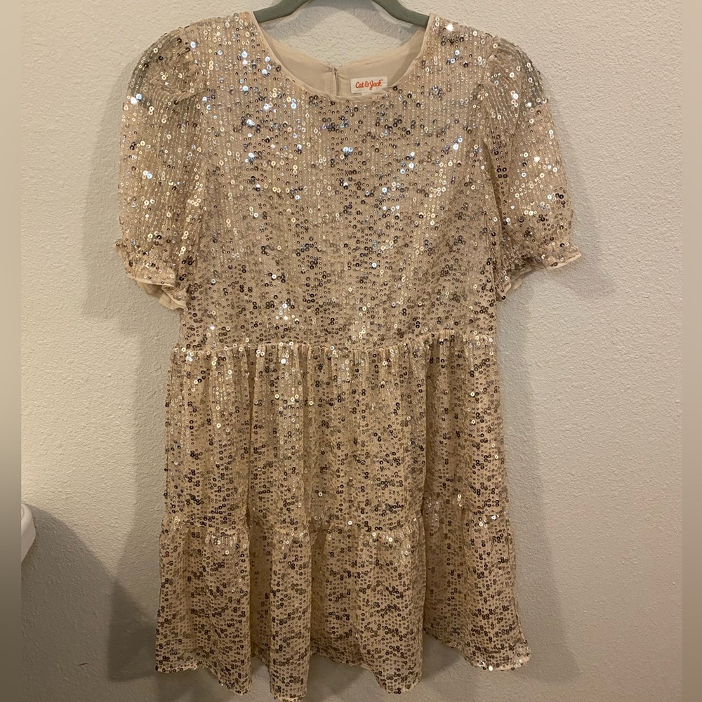 Cat & Jack Kids Gold Sequin Puff Sleeve Dress